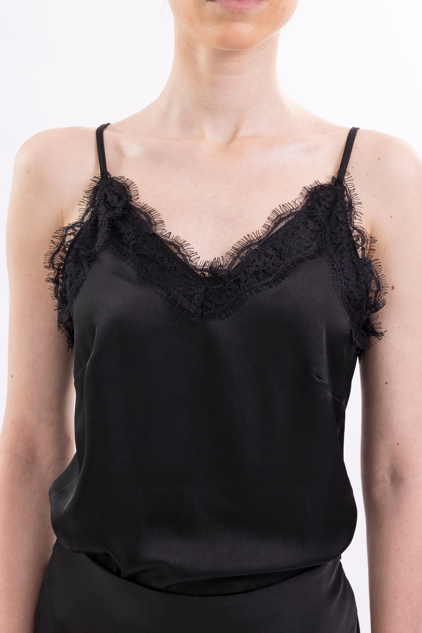 Satin Camisole Top Spaghetti Shoulder Straps, Lace-Trimmed V-Neck