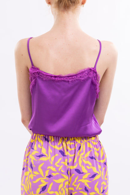 Satin Camisole Top Spaghetti Shoulder Straps, Lace-Trimmed V-Neck