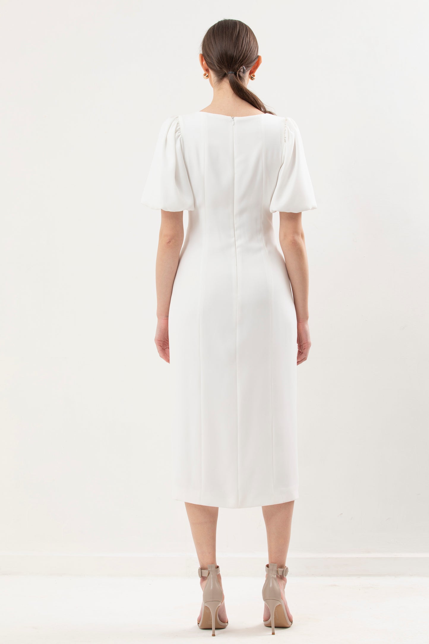 Rushed Dress With Front Slit and 1/2 Puff Sleeves